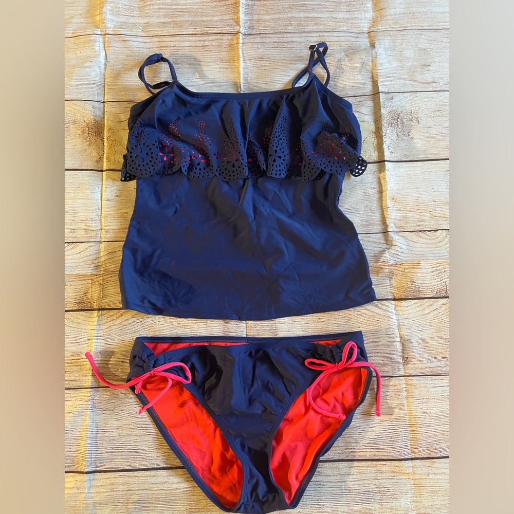 ARIZONA  … Cutout Ruffle Tankini Swimsuit Set... Blue/Coral ... Size M… EUC